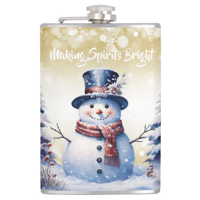 Winter Forest Snowman Christmas | Gold Hip Flask (Front)