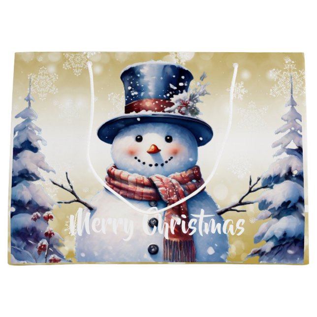 Winter Forest Snowman Christmas | Gold Large Gift Bag (Front)