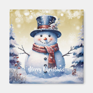 Winter Forest Snowman Christmas   Gold Magnet
