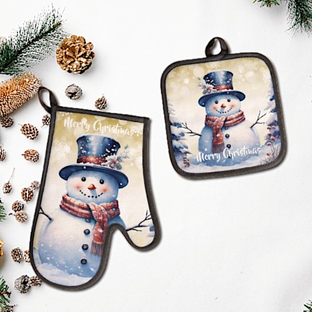 Winter Forest Snowman Christmas | Gold Oven Mitt & Pot Holder Set (Gold Winter Forest Snowman Christmas Oven Mitt and Pot Holder Set)