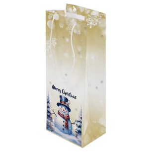 Winter Forest Snowman Christmas Gold Wine Gift Bag