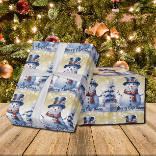 Winter Forest Snowman Christmas   Gold Wrapping Paper