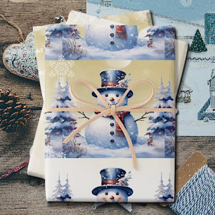 Winter Forest Snowman Christmas Gold Wrapping Paper Sheet