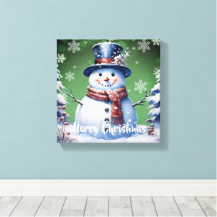 Winter Forest Snowman Christmas Green Canvas Print