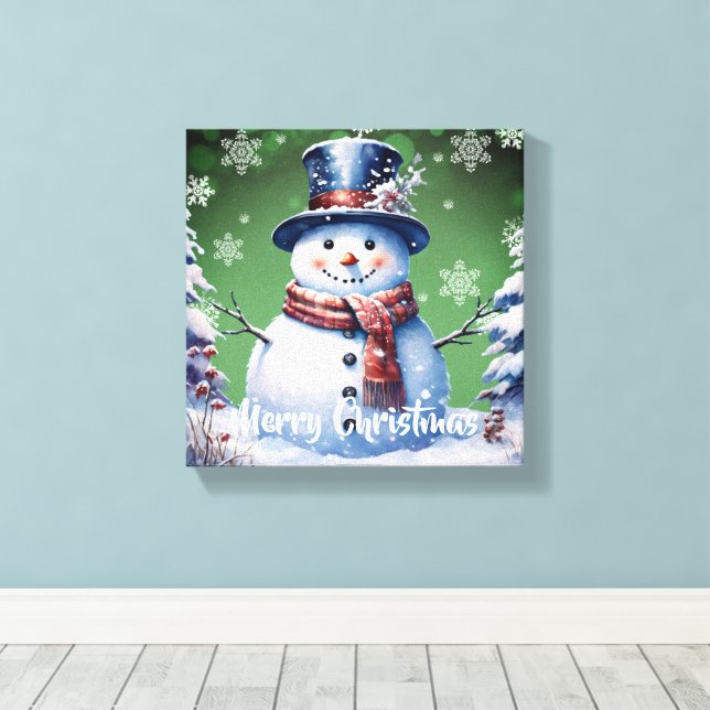 Winter Forest Snowman Christmas | Green Canvas Print (Insitu(Wood Floor))