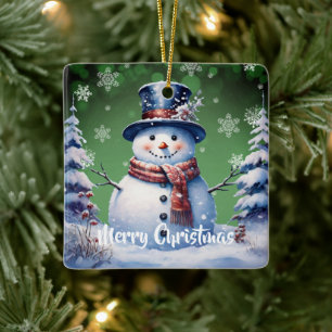 Winter Forest Snowman Christmas   Green Ceramic Ornament