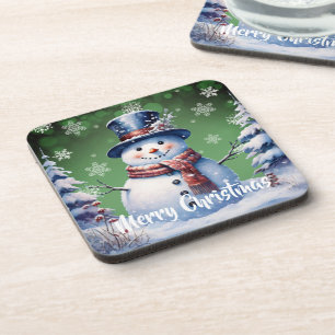 Winter Forest Snowman Christmas   Green Coaster