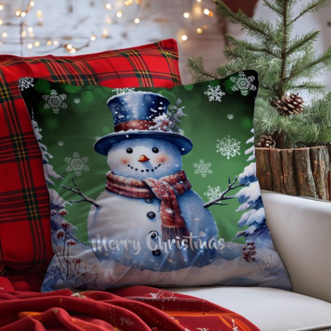 Winter Forest Snowman Christmas | Green Cushion (Green Winter Forest Snowman Christmas Throw Pillow)
