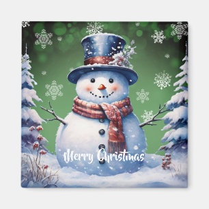 Winter Forest Snowman Christmas Green Magnet