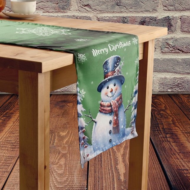 Winter Forest Snowman Christmas | Green Medium Table Runner (Green Winter Forest Snowman Christmas Table Runner)