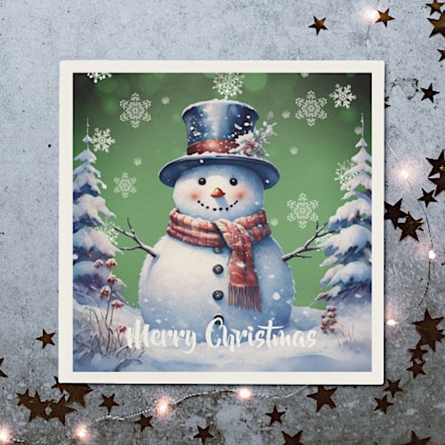 Winter Forest Snowman Christmas | Green Napkin (Green Winter Forest Snowman Christmas Napkins)
