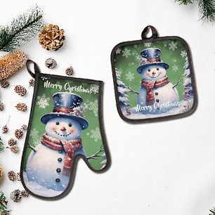 Winter Forest Snowman Christmas   Green Oven Mitt & Pot Holder Set