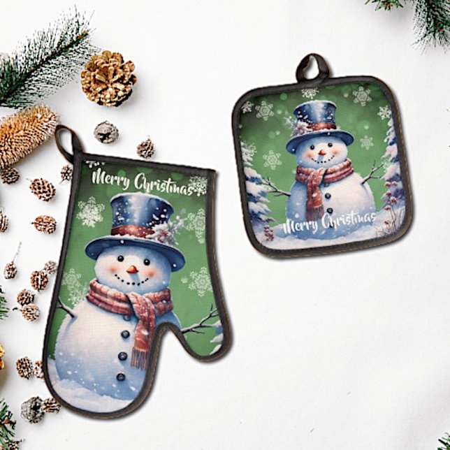 Winter Forest Snowman Christmas | Green Oven Mitt & Pot Holder Set (Green Winter Forest Snowman Christmas Oven Mitt and Pot Holder Set)