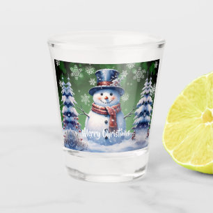 Winter Forest Snowman Christmas Green Shot Glass