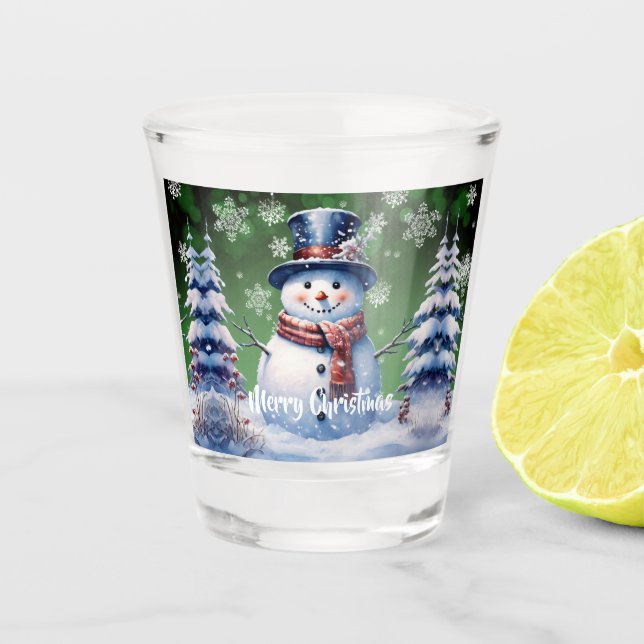 Winter Forest Snowman Christmas | Green Shot Glass (Front)
