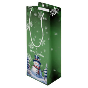 Winter Forest Snowman Christmas   Green Wine Gift Bag