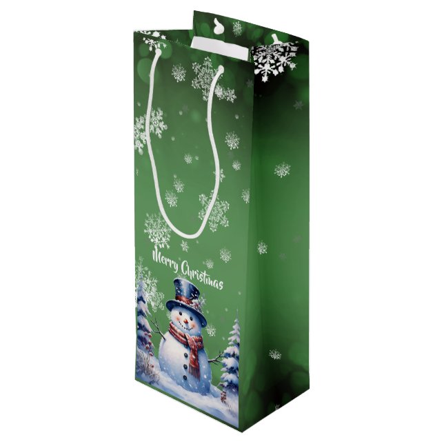 Winter Forest Snowman Christmas | Green Wine Gift Bag (Back Angled)