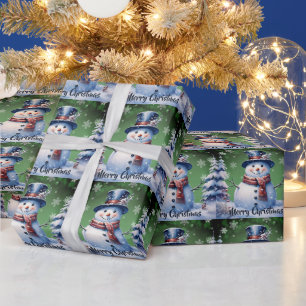 Winter Forest Snowman Christmas Green Wrapping Paper