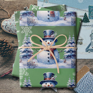 Winter Forest Snowman Christmas Green Wrapping Paper Sheet
