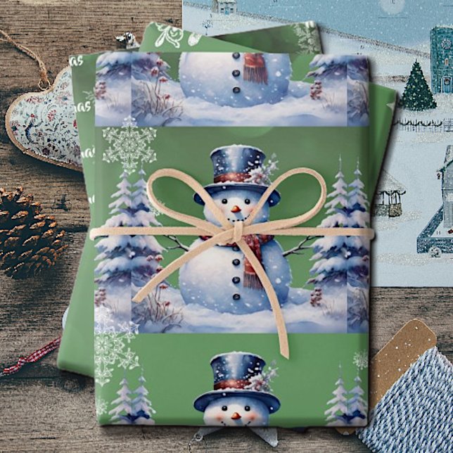 Winter Forest Snowman Christmas | Green Wrapping Paper Sheet (Green Winter Forest Snowman Christmas Wrapping Paper Sheets)