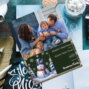 Winter Forest Snowman Christmas Photo Green Holiday Card