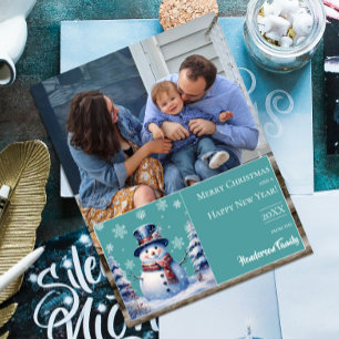 Winter Forest Snowman Christmas Photo   Teal Holiday Card