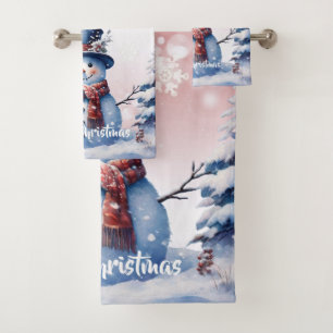 Winter Forest Snowman Christmas   Pink Bath Towel Set
