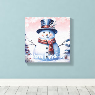Winter Forest Snowman Christmas Pink Canvas Print