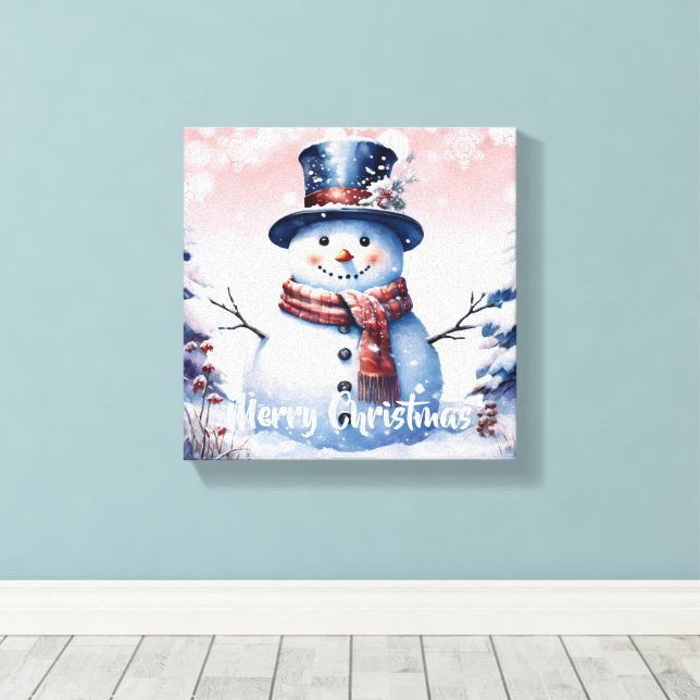 Winter Forest Snowman Christmas | Pink Canvas Print (Insitu(Wood Floor))