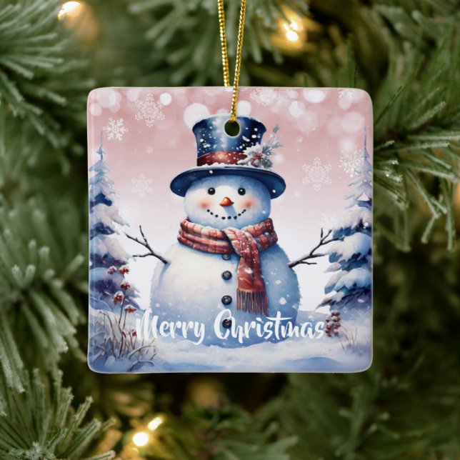 Winter Forest Snowman Christmas | Pink Ceramic Ornament (Tree)