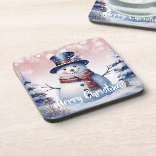 Winter Forest Snowman Christmas   Pink Coaster