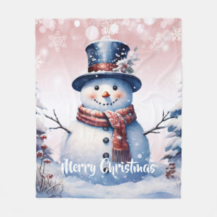 Winter Forest Snowman Christmas   Pink Fleece Blanket
