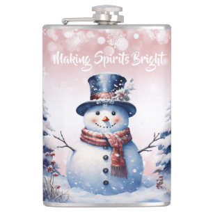 Winter Forest Snowman Christmas   Pink Hip Flask