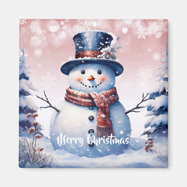 Winter Forest Snowman Christmas | Pink Magnet (Front)
