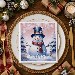 Winter Forest Snowman Christmas   Pink Napkin