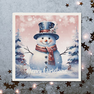 Winter Forest Snowman Christmas   Pink Napkin