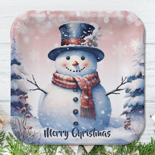 Winter Forest Snowman Christmas Pink Paper Plate
