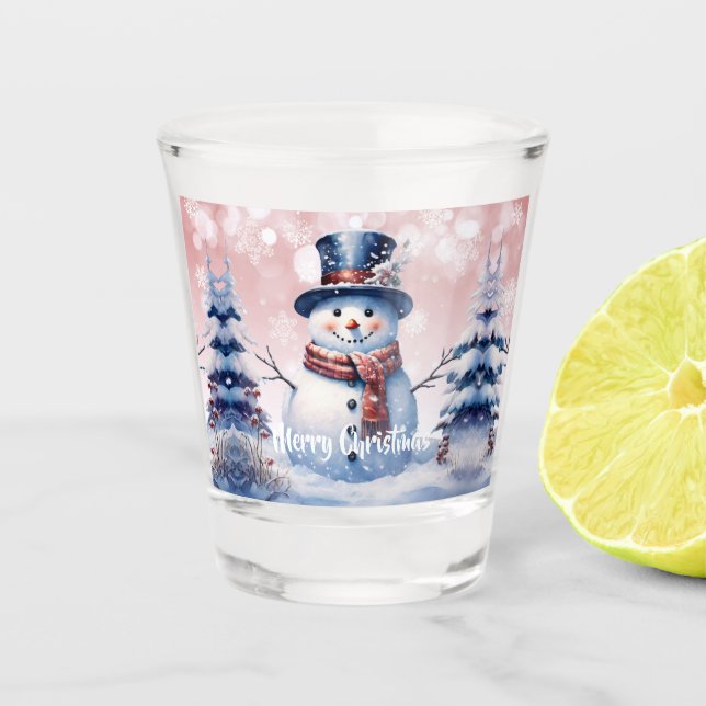 Winter Forest Snowman Christmas | Pink Shot Glass (Front)