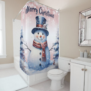 Winter Forest Snowman Christmas   Pink Shower Curtain