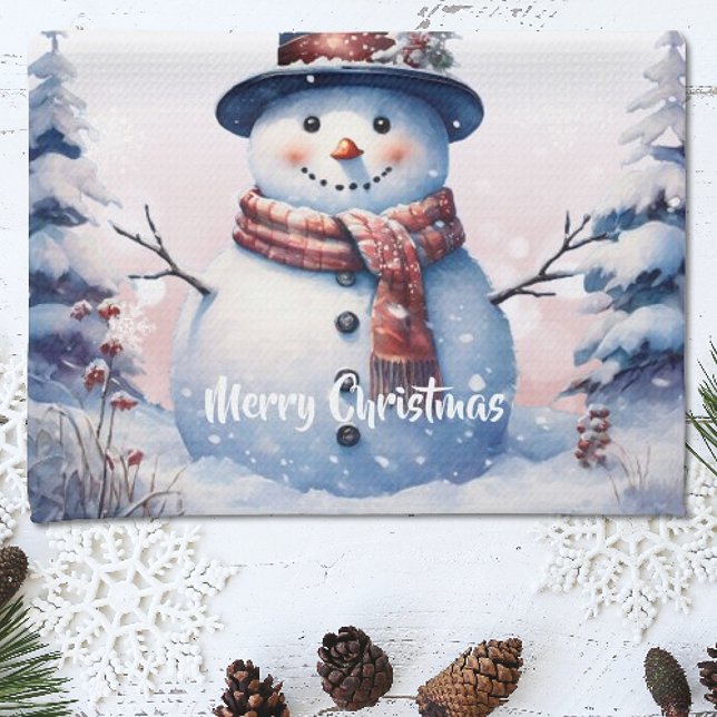 Winter Forest  Snowman Christmas | Pink Tea Towel (Pink Winter Forest Snowman Christmas Kitchen Towel)