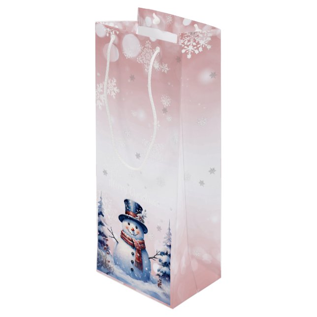 Winter Forest Snowman Christmas | Pink Wine Gift Bag (Back Angled)