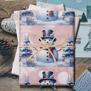 Winter Forest Snowman Christmas Pink Wrapping Paper Sheet