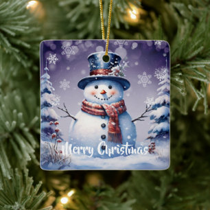 Winter Forest Snowman Christmas   Purple Ceramic Ornament