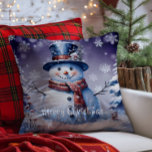 Winter Forest Snowman Christmas | Purple Cushion<br><div class="desc">Bring joy and whimsy to your seasonal decor with this charming Purple Winter Forest Holiday Throw Pillow. Featuring a smiling snowman dressed in a classic top hat and cosy scarf, the design captures the magic of a wintry scene with softly falling snow and delicate white snowflakes. Nestled among frosted trees,...</div>