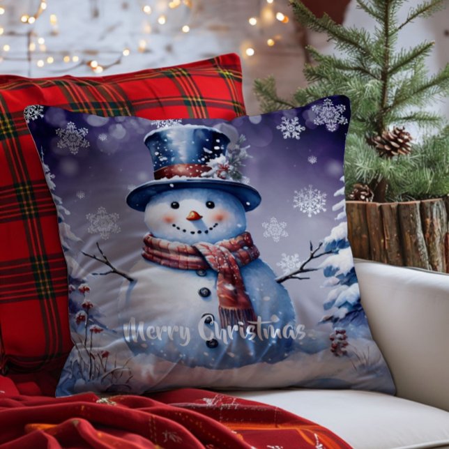 Winter Forest Snowman Christmas | Purple Cushion (Purple Winter Forest Snowman Christmas Throw Pillow)