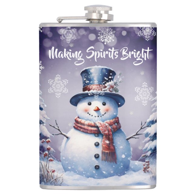 Winter Forest Snowman Christmas | Purple Hip Flask (Front)