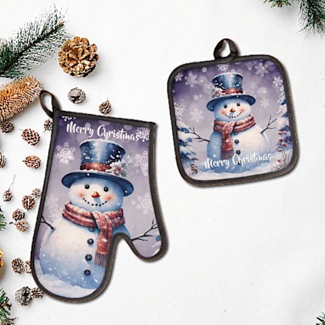 Winter Forest Snowman Christmas | Purple Oven Mitt & Pot Holder Set (Purple Winter Forest Snowman Christmas Oven Mitt and Pot Holder Set)
