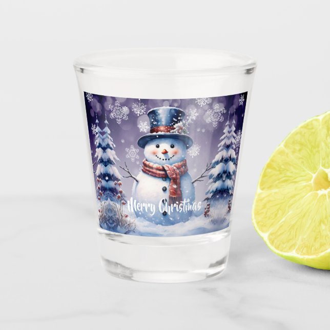 Winter Forest Snowman Christmas | Purple Shot Glass (Front)