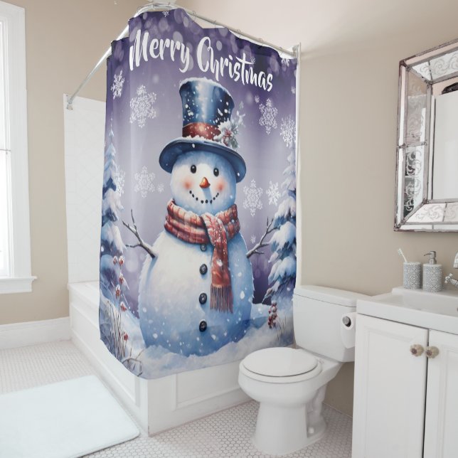 Winter Forest Snowman Christmas | Purple Shower Curtain (In Situ)