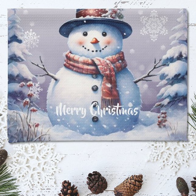 Winter Forest  Snowman Christmas | Purple Tea Towel (Purple Winter Forest Snowman Christmas Kitchen Towel)